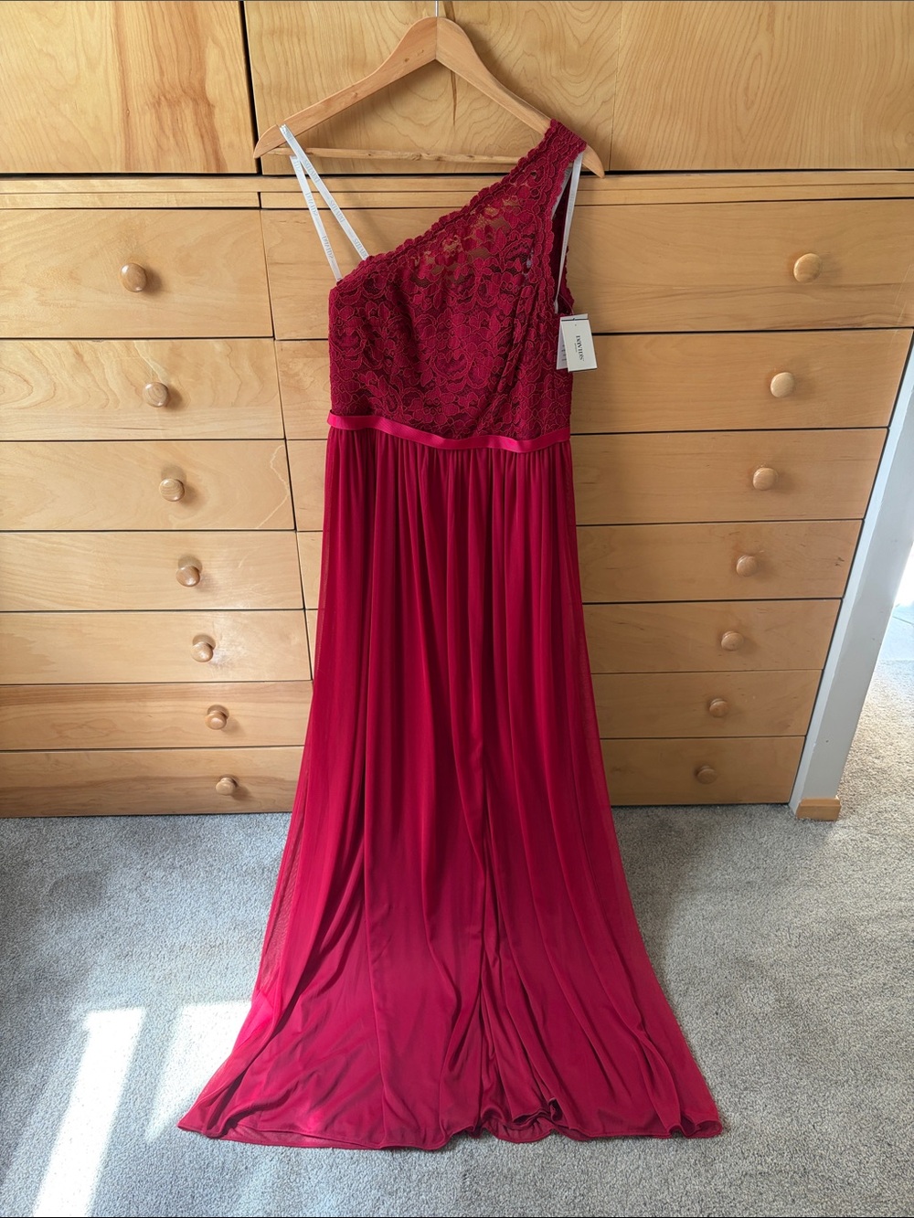 NWT David’s Bridal One-Shoulder Red Lace & Chiffon Gown